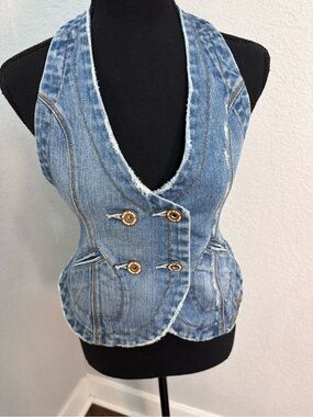 DKNY Jeans Y2K Light Blue Denim Halter Vest with Double Button  100% Cotton